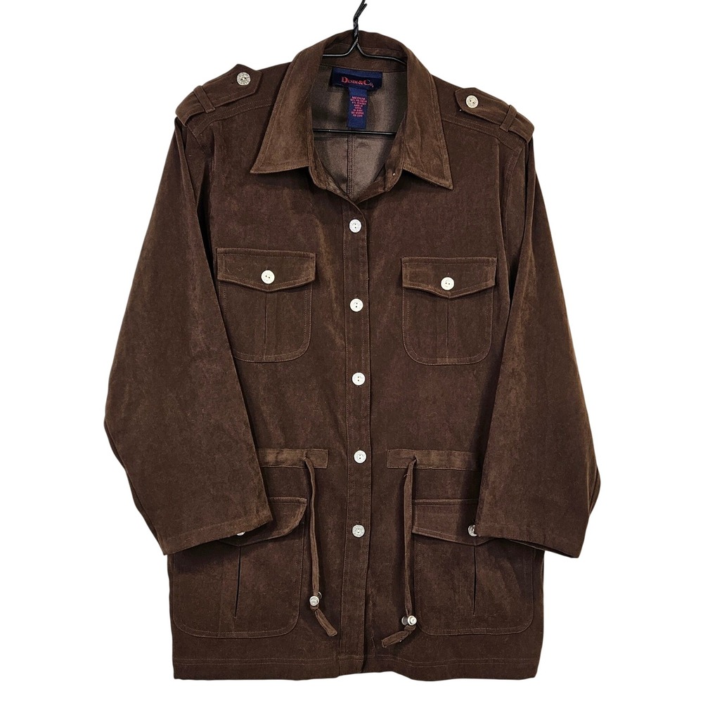 Denim & Co Brown Faux Suede Utility Safari Jacket M Gorpcore Earthy Boho Coastal